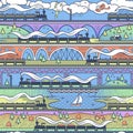 Seamless color pattern with trains and road. Cartoon background for Kids. Vector illustrations