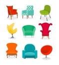 Vector Illustrations set of beautiful different colorful armchairs on white background in flat cartoon style. Royalty Free Stock Photo