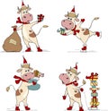 Vector illustrations set of cartoon bulls in Santa Claus costume