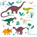 Vector illustrations set of cartoon dinosaurs and tropical plants, grass and stones. Jurassic park concept.