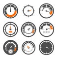 Vector illustrations set of different speedometers. Miles and speed indicators Royalty Free Stock Photo