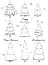 Vector illustrations. Set of hand drawn Christmas trees and snowflakes isolated on a white background. Cartoon winter Royalty Free Stock Photo