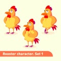 Vector illustrations set includes three standing poses of rooster character in funny cartoon style