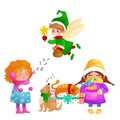 Vector illustrations set Merry Christmas Happy new year, girl sing holiday songs with pets, cat and dog enjoy presents