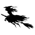 Scary witch on broom fly silhouette