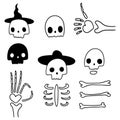 Vector illustrations of simple skeletons on white background. Drawn by hand halloween doodle set of skeletons and bones for differ