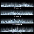 Vector illustrations of Tokyo, Seoul, Sydney and Auckland skylines at night