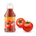 Vector illustrations of transparent bottle with tomato ketchup and two fresh red tomatoes