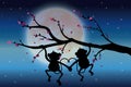 Vector illustrations ,Two monkeys on the tree looking the moon.