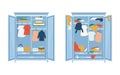 Vector illustrations with two wardrobes. One with neat, well arranged clothes and the second with disordered clothing