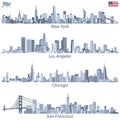 vector illustrations of United States city skylines in tints of blue color palette with map and flag of United States Royalty Free Stock Photo