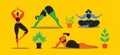 Vector illustrations of young women workout. A young girl is engaged in yoga, dance, aerobics, fitness. The female