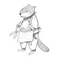 Vector illustratoin. Cute animal like humans. The beaver gardener in apron with a scissors