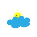 Vector illustraton. Yellow sun with face and eyes under the cloud. summer icon