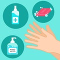 Vector illustrator depicting washing hands with set of hand sanitizer,alcohol gel,soap.Prevention against Covid Virus and