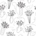 Vector illustrator of flower bouquets in vases seamless pattern. Hand drawn.