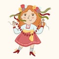 Vector illustretion ukranian child girl with red beads, flowers, ribbons, shoes.