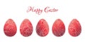 Vector ilustration, set of red Easter eggs with hand drawn doodle patterns isolated on white. Happy Easter text, festive spring