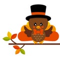 Cartoon cute turkey in hat vector on a branch