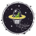 Vector image of an alien in a flying saucer. Round emblem.