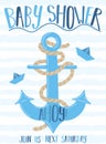 Vector image of an anchor and paper boat with the inscription Baby Shower on a striped blue background. Illustration on the sea th Royalty Free Stock Photo