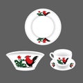 image of ancient bowls, plates and cups with rooster images