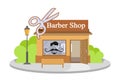 Vector image barbershop. Facade of barbershop isolated on white background. Barber house. Cuts hair building. Barbershop emblem.