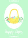 Vector image of a basket of eggs with flowers and leaves, decorations and an inscription. Hand-drawn Easter illustration for sprin