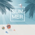 Vector image of a beach with palm tree and sea. Beach sunset scene. Summer background. Royalty Free Stock Photo