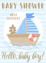 Vector image of a beige boat and sail with the inscription Baby Shower on a striped blue background. Illustration on the sea theme Royalty Free Stock Photo