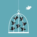Vector image of a bird in the cage and outside the cage. Royalty Free Stock Photo