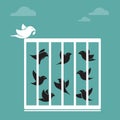 Vector image of a bird in the cage and outside the cage. Royalty Free Stock Photo