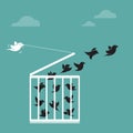 Vector image of a bird in the cage and outside the cage. Royalty Free Stock Photo