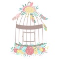 Vector image of a bird cage in the style of boho decorated with flowers and feathers. Royalty Free Stock Photo