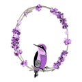 vector image of a bird in a frame of lavender flowers in lilac and purple tones