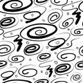 Vector image of black spirals of different shapes and sizes on a white background. Seamless background for wrapping
