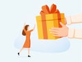Vector image on a blue background, male hand gives a box with a bow to a woman, gift or surprise, isometric.