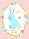 Vector image of a blue rabbit, butterflies and eggs in the flowers and carrots wreath. Hand-drawn Easter illustration of a bunny f Royalty Free Stock Photo