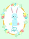 Vector image of a blue rabbit in the flowers and carrots wreath. Hand-drawn Easter illustration of a bunny for spring happy holida Royalty Free Stock Photo