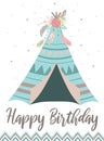 Vector image of a blue wigwam in boho style with flowers, feathers and ornaments. Royalty Free Stock Photo
