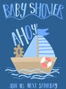 Vector image of a boat and sail with the inscription Baby Shower and Ahoy on a blue background. Illustration on the sea theme for Royalty Free Stock Photo