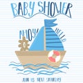 Vector image of a boat and sail with the inscription Baby Shower and Ahoy on a striped blue background. Illustration on the sea th Royalty Free Stock Photo