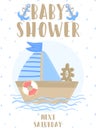 Vector image of a boat and sail with the inscription Baby Shower on the background of blue triangles. Illustration on the sea them Royalty Free Stock Photo
