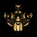 Image of a bohemian moth in gold outlines with elements of gilding combined with black. Geometric insect. EPS 10