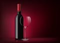 Vector image of a bottle with red wine and a glass goblet in photorealistic style on a red dark background. 3d realism