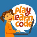 A vector image with a boy coding and a lettering Play learn code. A children coding theme text with the programming languages