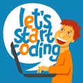A vector image with a boy coding and a lettering Play learn code.
