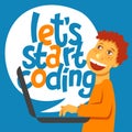 A vector image with a boy coding and a lettering Play learn code. Royalty Free Stock Photo