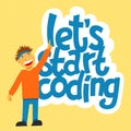 A vector image with a boy coding and a lettering Play learn code.