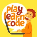 A vector image with a boy coding and a lettering Play learn code. Royalty Free Stock Photo